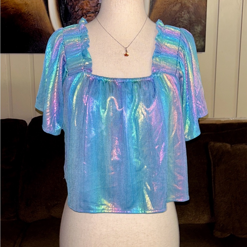 Queen Of Sparkle ~ Women’s Small ~ Iridescent Blue W/Rainbow Colors ~ Crop Top